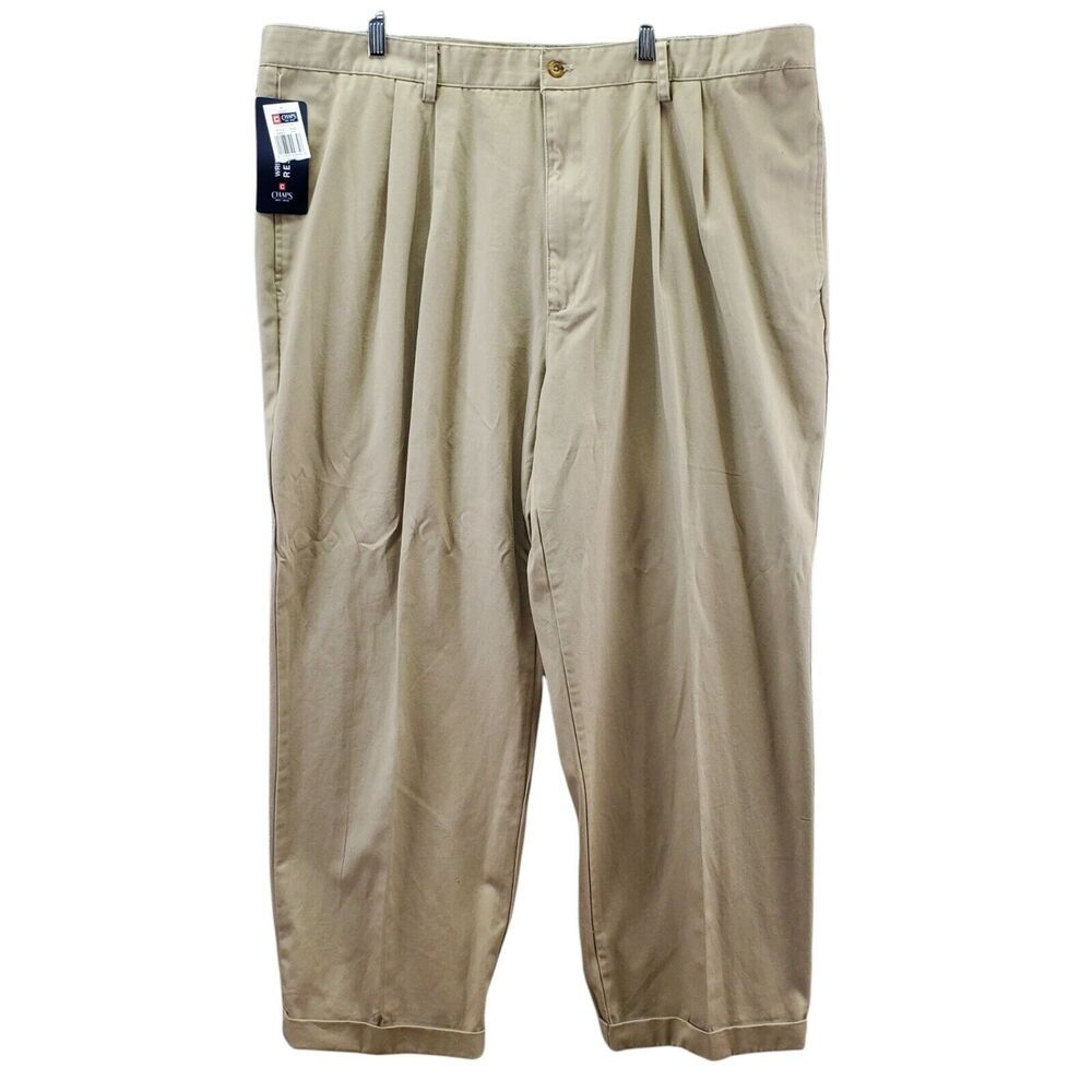 Chaps Mens Size 44 X 30 Dress Pants Trousers Tan Beige Khaki Pleated Casual NWT
